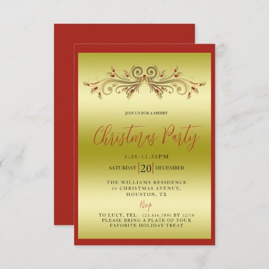 エレガントなゴールドとレッドのクリスマスパーティー装飾 招待状 (正面/裏面)
