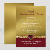 エレガントなゴールドとレッドの50周年結婚記念日 招待状 (正面/裏面)