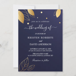 エレガントなゴールドとロイヤルブルーの結婚式招待状 招待状
