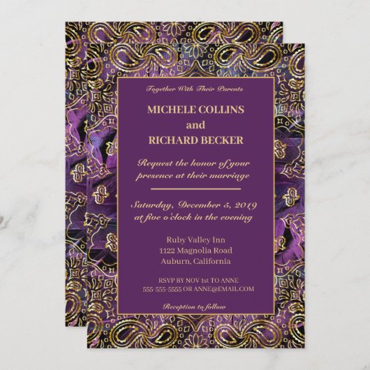 エレガントなゴールドと羽根 招待状 (正面/裏面)