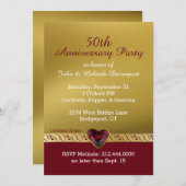 エレガントなゴールドと赤の50周年結婚記念日 招待状 (正面/裏面)