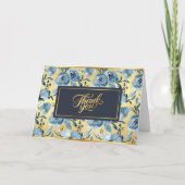 エレガントなゴールドのアクセントが付いた青いバラの模様の コテージコアスタイル サンキューカード (正面)