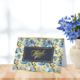 エレガントなゴールドのアクセントが付いた青いバラの模様の コテージコアスタイル サンキューカード