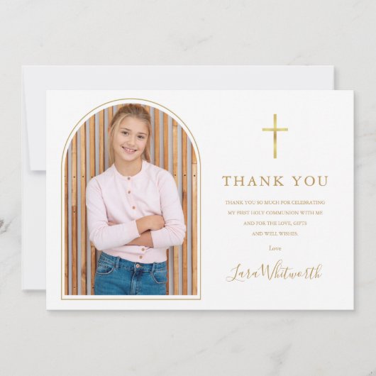 エレガントなゴールドのアーチ ファースト・ホーリー・コミュニオン サンキューカード (正面)