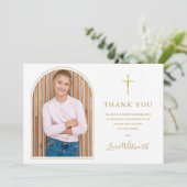 エレガントなゴールドのアーチ ファースト・ホーリー・コミュニオン サンキューカード (スタンド正面)