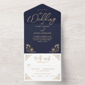 エレガントなゴールドのアートデコブルーオールインワン結婚式 オールインワン招待状 (内側)