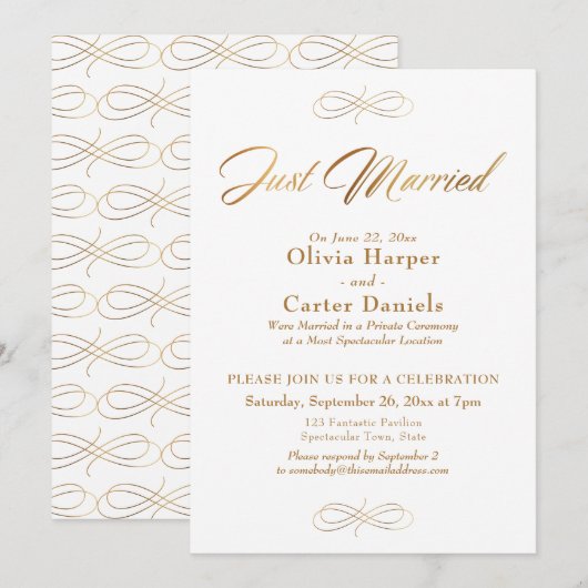 エレガントなゴールドのカリグラフィーが「Just Married」の受付を飾る 招待状 (正面/裏面)