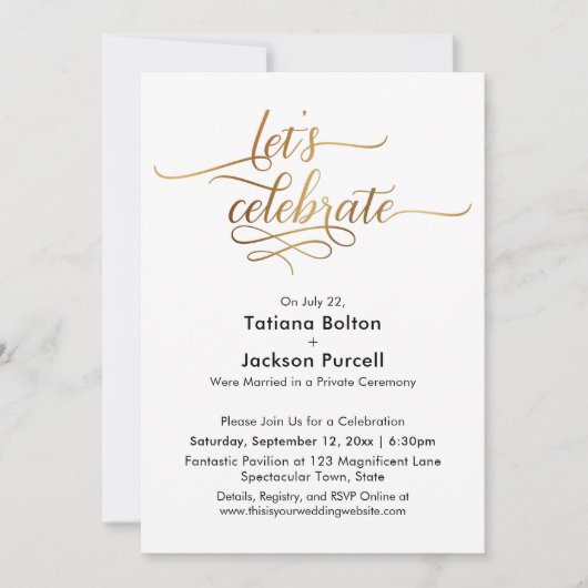 エレガントなゴールドのカリグラフィー　お祝いをしよう　レセプション 招待状 (正面)