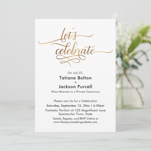 エレガントなゴールドのカリグラフィー　お祝いをしよう　レセプション 招待状 (スタンド正面)