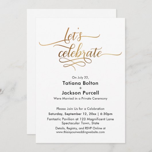 エレガントなゴールドのカリグラフィー　お祝いをしよう　レセプション 招待状 (正面/裏面)