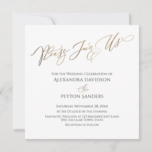 エレガントなゴールドのカリグラフィー「ぜひご参加ください」ウェディング 招待状 (正面)