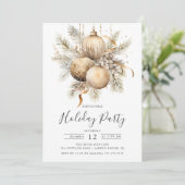 エレガントなゴールドのクリスマスオーナメント ホリデーパーティー 招待状 (スタンド正面)