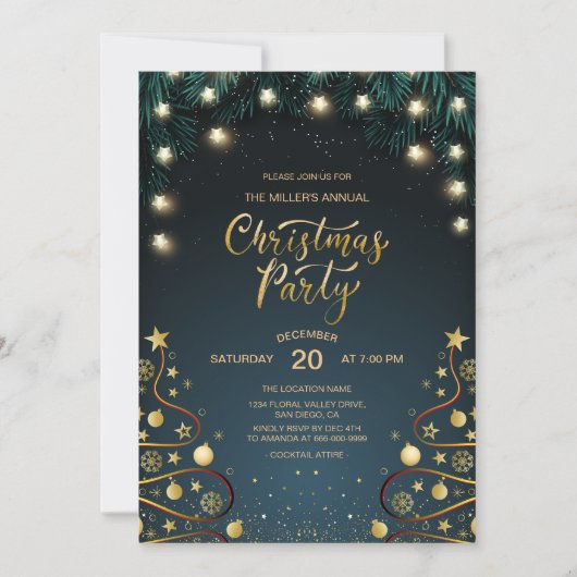 エレガントなゴールドのクリスマスハウス企業パーティー 招待状 (正面)