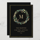 エレガントなゴールドのクリスマスリース - モノグラム付き シーズンカード (正面/裏面)