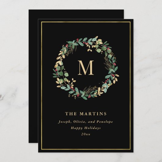 エレガントなゴールドのクリスマスリース - モノグラム付き シーズンカード (正面/裏面)