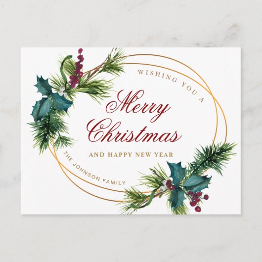 エレガントなゴールドのクリスマス松ぼっくり ホリデーグリーティング ポストカード (正面)