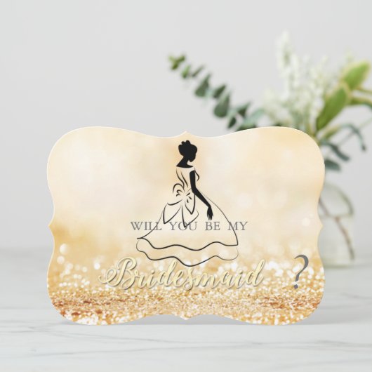 エレガントなゴールドのグリッター ボケ、シルエットのブライズメイド 招待状 (スタンド正面)