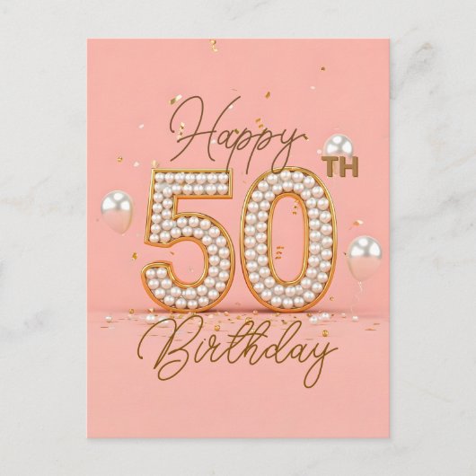 エレガントなゴールドのコンフェッティ＆バルーン 50歳の誕生日 ポストカード (正面)