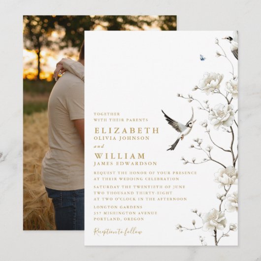 エレガントなゴールドのシノワズリーフラワーウェディングフォト 招待状 (正面/裏面)