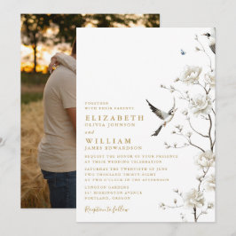 エレガントなゴールドのシノワズリーフラワーウェディングフォト 招待状