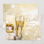エレガントなゴールドのシャンパンホリデーパーティー 招待状 (正面/裏面)