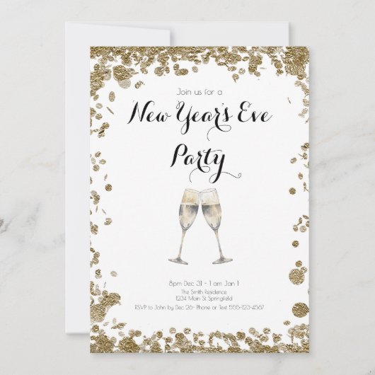 エレガントなゴールドのスパンコル付き新年会 招待状 (正面)
