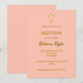 エレガントなゴールドのタイポグラフィークロス洗礼のピンク 招待状 (正面/裏面)