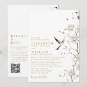 エレガントなゴールドのチャイナ風花柄QRコード結婚式 招待状 (正面/裏面)