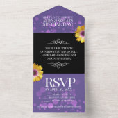 エレガントなゴールドのデイジーとパープルのグリッター ウェディング オールインワン招待状 (内側)