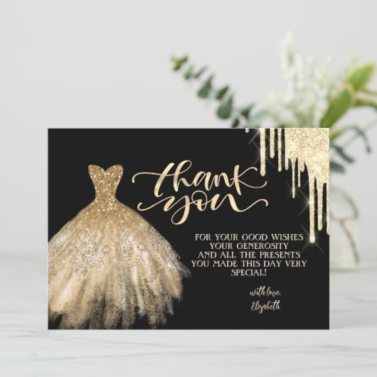 エレガントなゴールドのドリップがおしゃれなブラックの感謝カード サンキューカード (スタンド正面)