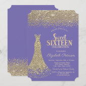 エレガントなゴールドのドレス ダイヤモンド ラベンダー スイート16 招待状 (正面/裏面)