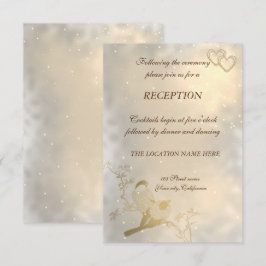 エレガントなゴールドのハートと鳥の装飾が施された結婚式の披露宴 招待状