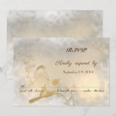 エレガントなゴールドのハートと鳥のRSVP 招待状 (正面/裏面)