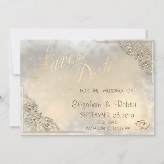 エレガントなゴールドのハート, フレーム付き Save The Date セーブザデート (正面)