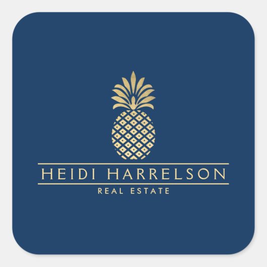 エレガントなゴールドのパイナップロゴ（ネイビーブルー） スクエアシール (正面)