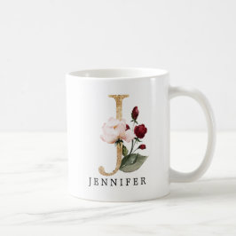 エレガントなゴールドのブッシュとバーガンディの花のイニシャルJ コーヒーマグカップ
