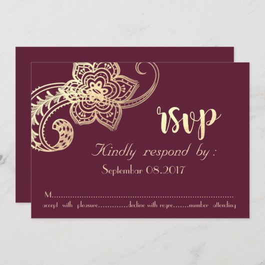 エレガントなゴールドのペイズリー 出席のご連絡 招待状 (正面/裏面)