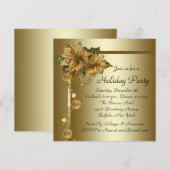 エレガントなゴールドのポインセチア ブラックゴールド クリスマスパーティー 招待状 (正面/裏面)