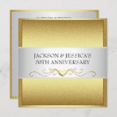 エレガントなゴールドのラブハート 50周年パーティー 招待状 (正面/裏面)