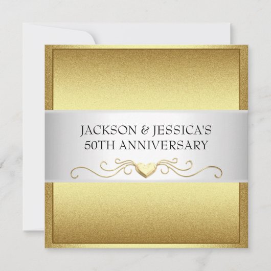 エレガントなゴールドのラブハート 50周年パーティー 招待状 (正面)