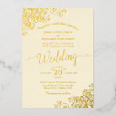 エレガントなゴールドのレースがアイボリークリームのウェディング 箔招待状 (正面)