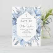 エレガントなゴールドの十字架とパールの女の子の洗礼招待状 招待状 (スタンド正面)