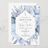 エレガントなゴールドの十字架とパールの女の子の洗礼招待状 招待状 (正面/裏面)