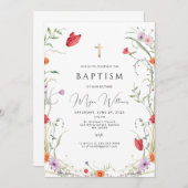 エレガントなゴールドの十字架とパールの女の子の洗礼招待状 招待状 (正面/裏面)