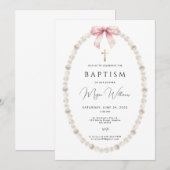 エレガントなゴールドの十字架とパールの女の子の洗礼 招待状 (正面/裏面)