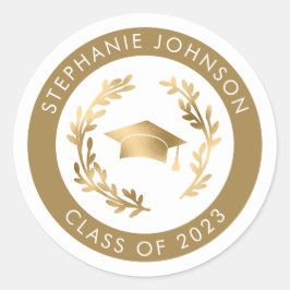 エレガントなゴールドの卒業帽と花輪 2023年卒業生 ラウンドシール