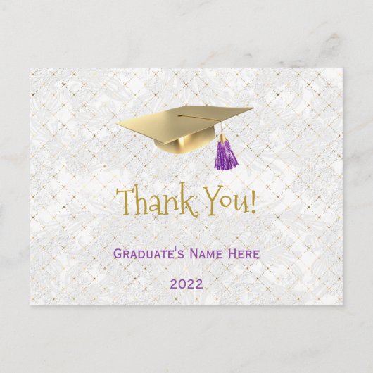 エレガントなゴールドの帽子 パープルのタッセル 感謝の気持ちを伝える卒業式カード ポストカード (正面)