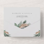 エレガントなゴールドの幾何学的な冬のグリーンウェディング オールインワン招待状 (裏面)