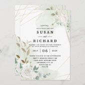 エレガントなゴールドの幾何学的な花と緑のウェディング 招待状 (正面/裏面)