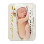 エレガントなゴールドの手書き文字の写真 出生発表 マグネット (縦)